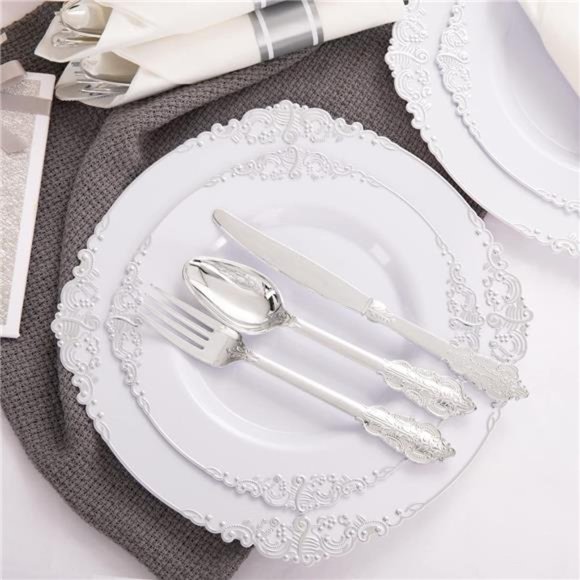 350PCS Silver Plastic Plates & Pre Rolled Napkins for 50Guests, 100Silver Plates - Picture 5 of 6